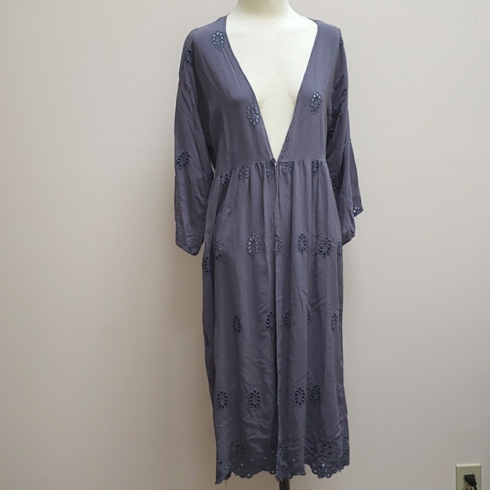 Gray-blue Eyelet Embroidered Longline Kimono, Size Small-Medium